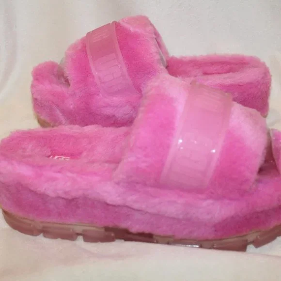 NIB UGG FLUFFITA WEDGE SLIP ON SHEARLING SLIP ON SLIPPER SANDALS PINK - Picture 2 of 8